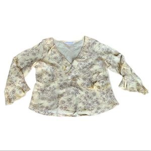 bryn WALKER linen yellow ruffle 3/4 blouse L